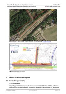 Bildet viser en rapportside med en flyfoto (Figur 1) og en situasjonsplan (Figur 2) som illustrerer et tiltaksområde for sanering av forurenset grunn.