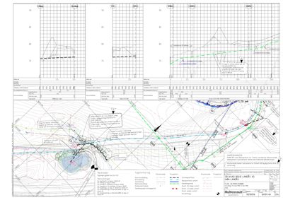 Situasjonsplan som viser topografi, grunnvann, eksisterende og planlagt infrastruktur, samt tekniske detaljer for grunnforhold.