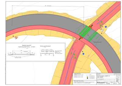 Situasjonsplan som viser en rundkjøring med detaljer for gangfelt, sykkelveier og trafikkregulering.