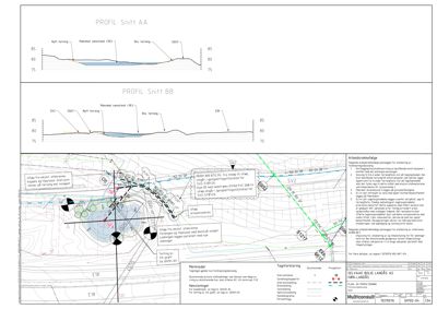 Snittegning (PROFIL: Snitt AA og Snitt BB) som viser terrengprofil, vannstand og grunnforhold for et byggeprosjekt.