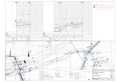 Situasjonsplan som viser tomtens grenser, naboeiendommer, infrastruktur (veier, vann, avløp) og planlagte tiltak med merkelinjer.