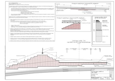 En teknisk detaljtegning som viser prinsipper for utførelse av fylling med EPS (ekspanderet polystyren) og støyvegg, inkludert dimensjoner, materialtykkelse og konstruksjonsdetaljer.