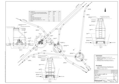 Tegning som viser detaljert anlegg av vann- og avløpsledninger (VVA) med tilhørende dimensjoner og notater.