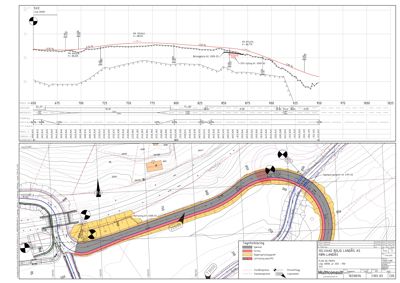 Situasjonsplan som viser tomtens form, høydemålinger (konturlinjer), eksisterende veier, og planlagt utbygging med fargekodet forklaring.