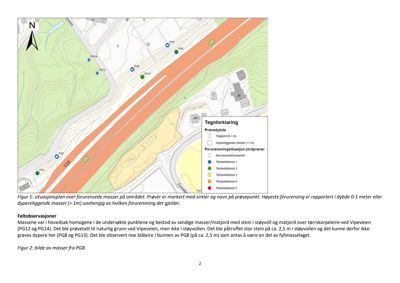 Situasjonsplan som viser forurensede masser på området, med markerte prøvepunkter (PG) og en tegnforklaring for forurensningsklasser.