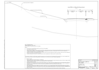 Snittegning av en nyfyllt jernbane med detaljer om konstruksjon, fylling og grunnforhold.