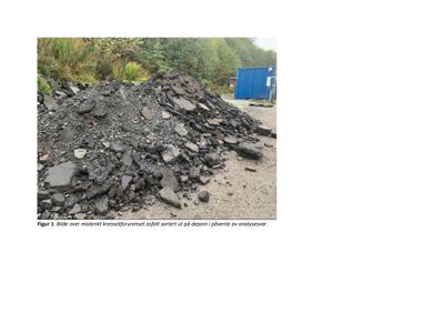 Fotografi av en haug med asfalt som er sortert ut på et deponi, med en blå container i bakgrunnen.