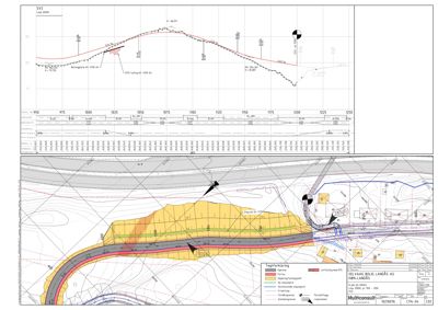 Situasjonsplan med topografi, vegforløp, arealbruk og teknisk detaljering av et byggefelt.