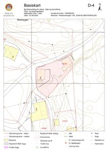 Situasjonsplan (Basiskart) som viser eiendomsgrenser, bygninger, høydekurver og infrastruktur for adressen Fleslandsvegen 100.