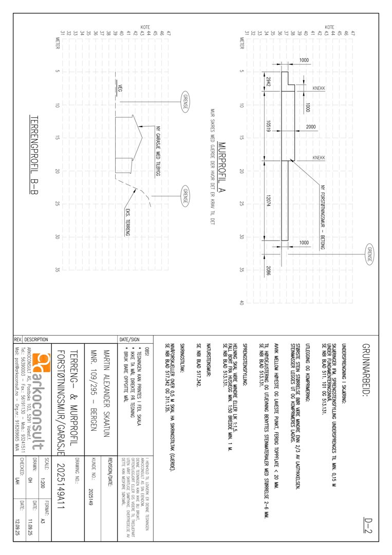 Snittegning (MURPROFIL) som viser terrengprofil og nivåer for en byggesak.