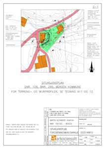 Situasjonsplan som viser tomtens beliggenhet, bygninger, vegger, terrengform og arealbruk.