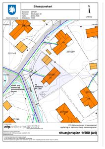 Situasjonsplan som viser eiendomsnummer, bygninger, veggrenser og støttemur på eiendommen Eikeliveien 20.