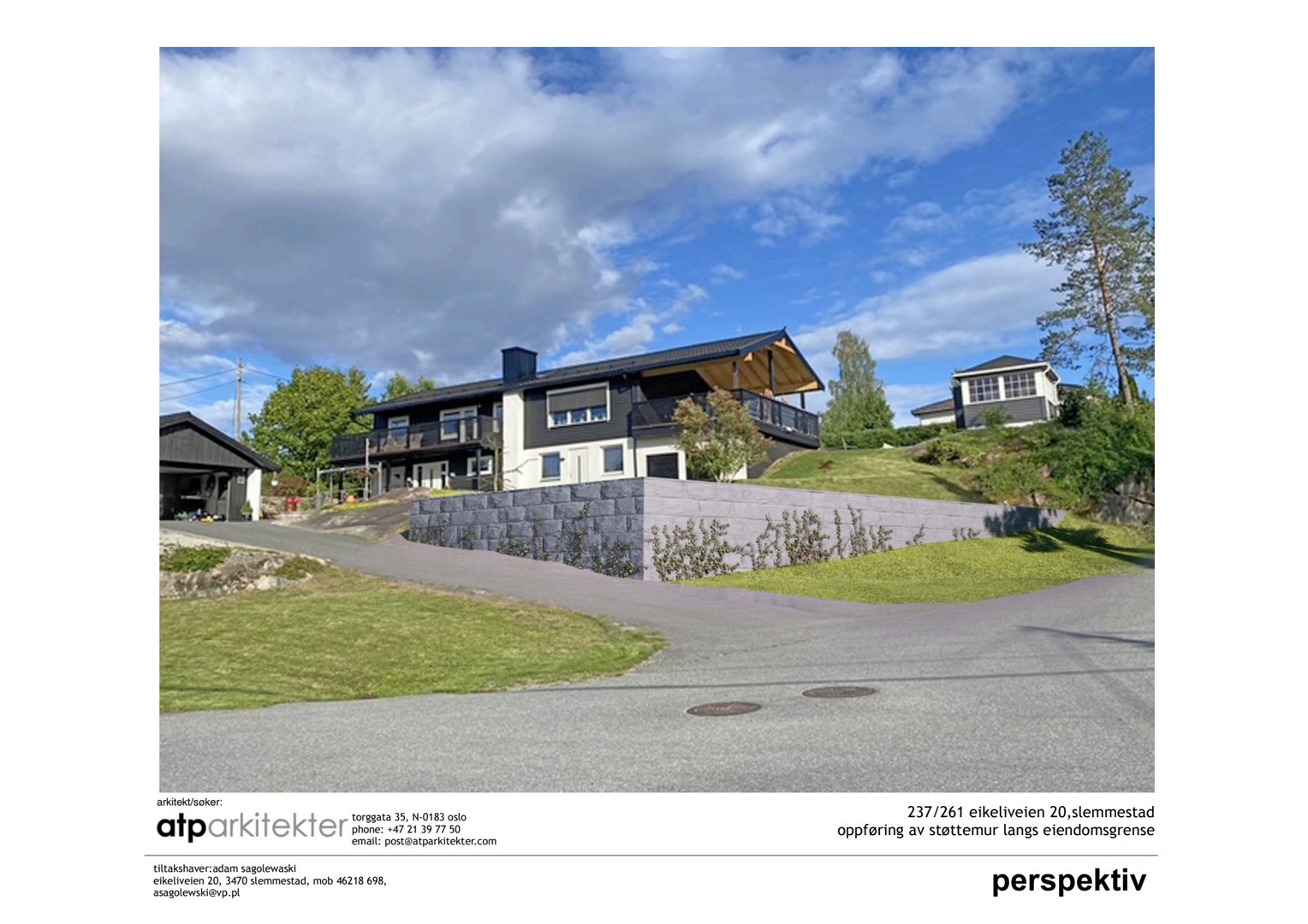 3D-visualisering av et hus med en støttemur og en vei foran, sett fra et lavt vinkel.