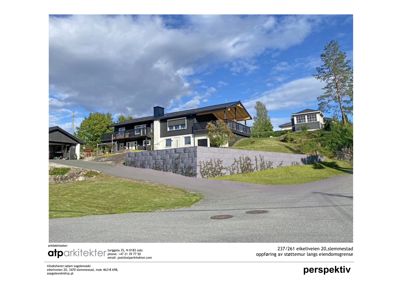 3D-visualisering av et hus med en støttemur og en vei foran, sett fra et lavt vinkel.