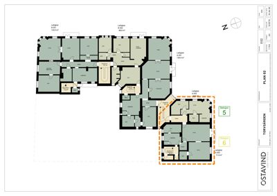 Etasjeplan (PLAN 02) som viser romfordeling, arealer og leilighetsnummer for et fleretasjes bygg.
