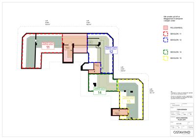 Plantegning av etasjefordeling på loftet i bygningen 'Torvgården', med oppdeling i seksjoner (11, 12, 14, 15) og fellesareal.