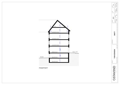 Prinsippsnitt som viser bygningens høydeprofil fra kjeller til tak, med romfordeling og høydemål.