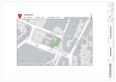 Situasjonsplan som viser bygningers plassering, gater og tomtegrenser for Torvgården i Moss.