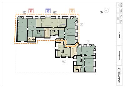 Etasjeplan (plan 04) som viser romfordeling og areal for flere leiligheter i et bygg.