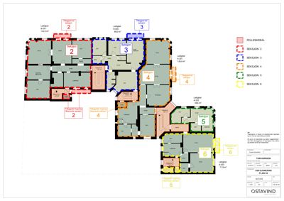 Etasjeplan (PLAN 02) som viser romfordeling, leilighetsnummer, arealer og fellesarealer for et flerboligbygg.