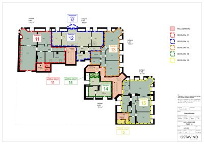 Etasjeplan for leilighetene i et bygg, med oppdeling i seksjoner og fellesarealer.