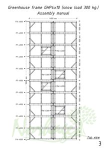 En teknisk tegning (top view) som viser en detaljert oppbygning av en drivhusramme (Greenhouse frame GHP4x10) med dimensjoner og komponenter.