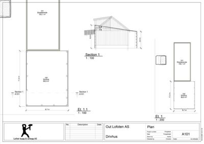 Etasjeplan (Et. 1) av et drivhus med angitte mål og romnummer, samt en tilhørende snittegning (Section 1).