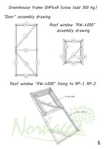 Montasjetegning (assembly drawing) for en drivhusramme (GHP4x8), en dør og et takvindu (RW-4000). Tegningen viser hvordan komponentene skal settes sammen og festes.