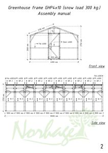 Konstruksjonstegning (oppsettmanual) for en drivhusramme med dimensjoner og komponenter.