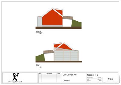 Fasadetegning som viser oppriss av et drivhus sett fra nord og sør.