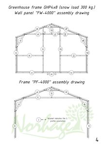 Konstruksjonstegning som viser monteringsplan for ramme og veggplasser i en drivhuskonstruksjon.