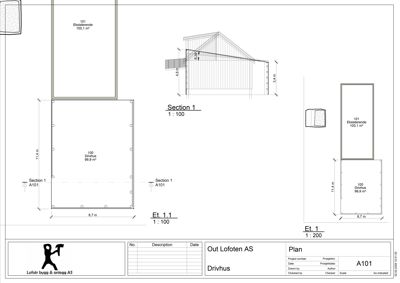 Etasjeplan (Et. 1) av et drivhus med angitte mål og romnummer, samt en tilhørende snittegning (Section 1).