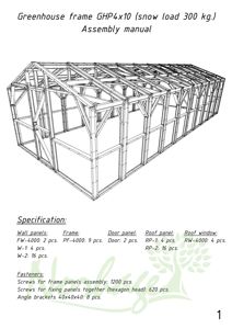 3D-visualisering (linjetegning) av en greenhouse ramme (GHP4x10) sett fra en vinkel, med spesifikasjoner for materialer og festemidler.