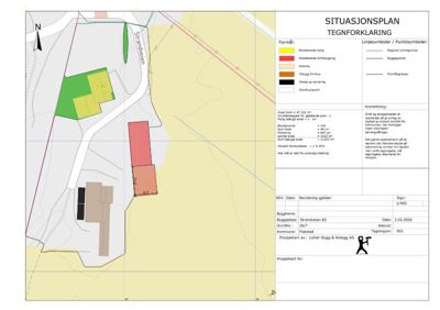 Situasjonsplan (tomtekart) som viser tomtens grenser, eksisterende og planlagt bebyggelse, samt vegnett.