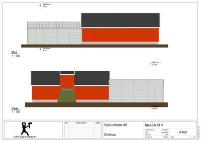Fasadetegning som viser bygningens utseende sett fra øst og vest, inkludert farger på vegger og tak.