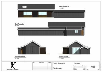 Fasadetegning som viser Vest, Øst, Nord og Sør fasade for en bygning.