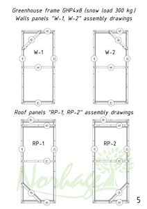 Samlingstegninger (assembly drawings) for veggplasser og takplasser til en drivhusramme.