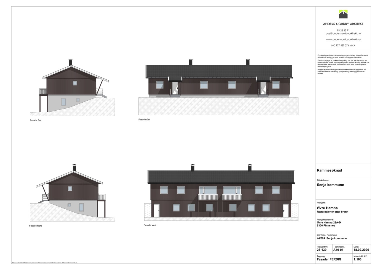 Fasadetegning som viser bygningens utseende fra fire ulike sider (Sør, Øst, Nord, Vest).
