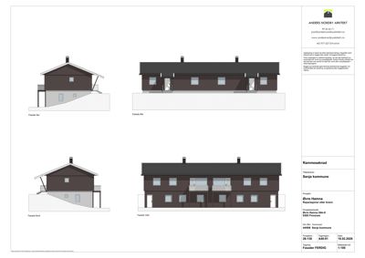 Fasadetegning som viser bygningens utseende fra fire ulike sider (Sør, Øst, Nord, Vest).