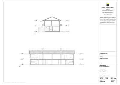 Snittegning av en bygning med to etasjer, inkludert høydeangivelser og arkitektoniske detaljer.