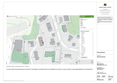 Situasjonsplan som viser bygningens plassering i forhold til nabolag, eiendomsgrenser og vegnett.