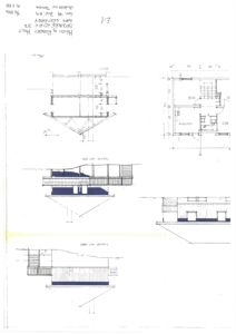 Bildet viser en tegning med fasadeopprikk (FASADE MOT SYD og FASADE MOT VEST) samt en snittegning (SNITT) og en plan (PLAN).