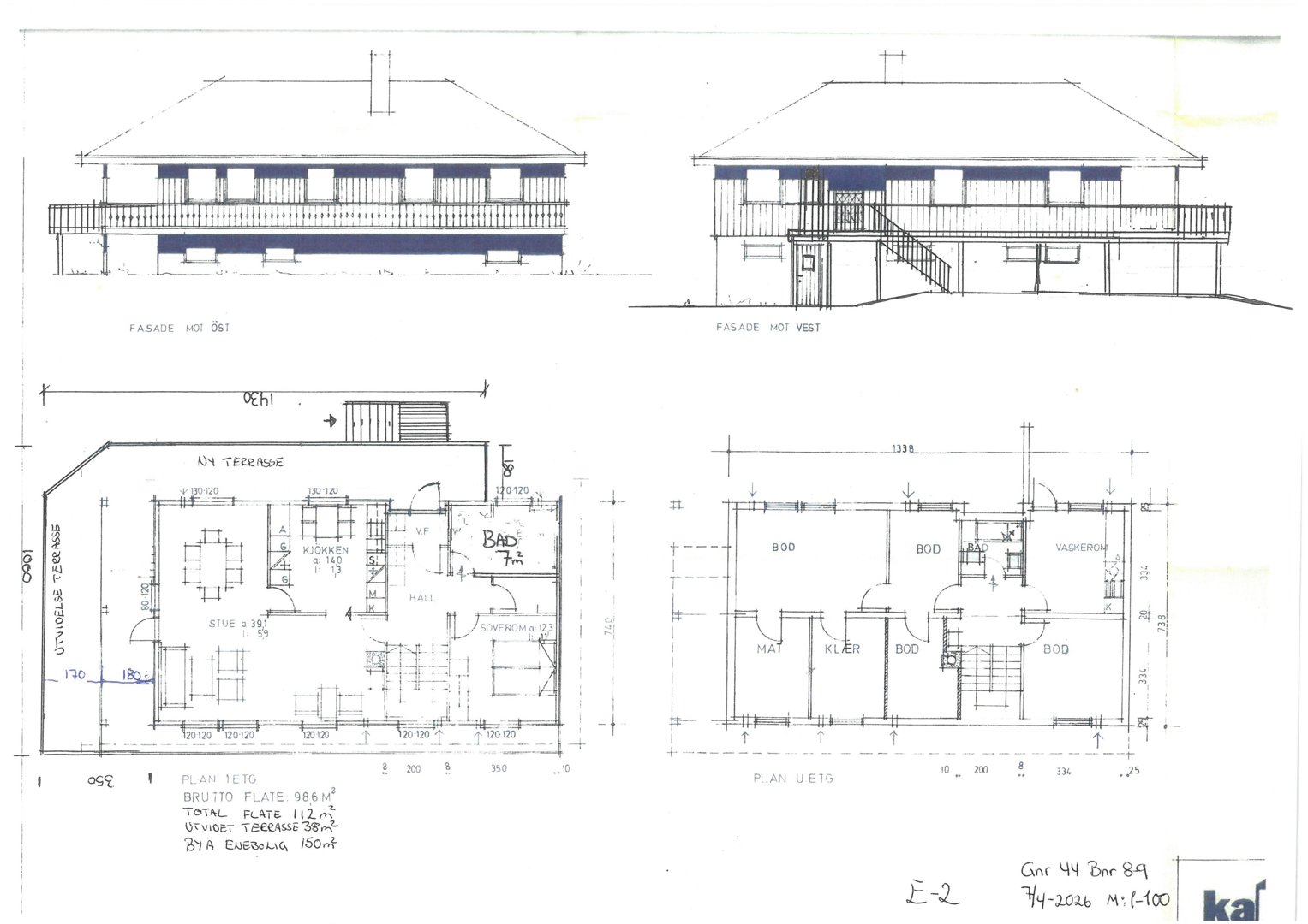 Bildet viser en tegning med to fasadeopprikk (mot øst og vest) samt to etasjeplaner (PLAN 1E10 og PLAN U E10).