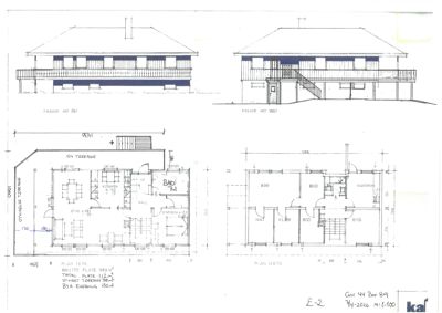 Bildet viser en tegning med to fasadeopprikk (mot øst og vest) samt to etasjeplaner (PLAN 1E10 og PLAN U E10).
