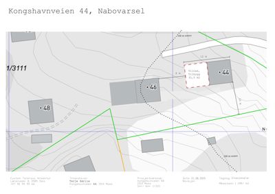Situasjonsplan for nabovarsel ved Kongshavnveien 44, som viser eiendomsnummer, naboeiendommer, topografi og soner.