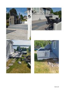 Fotografier av en terrasse og en utehytte sett fra ulike vinkler.