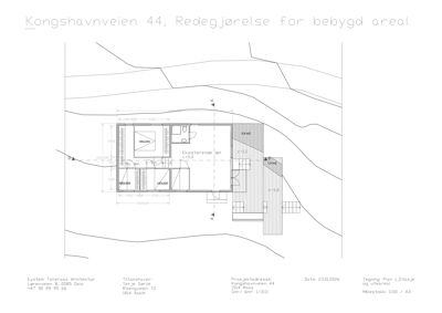 Etasjeplan (1. etasje) med romfordeling, dimensjoner og utendørs areal for Kongshavnveien 44.