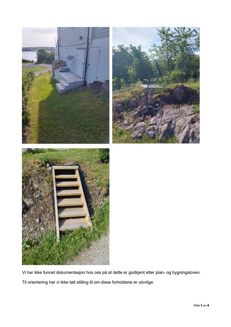 Tre fotografier som viser en eksisterende bygning, en utvendig trapp og en steinete bakke.