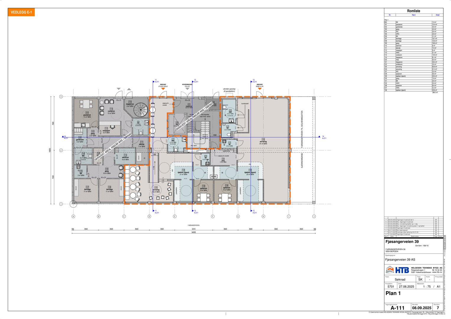 Etasjeplan (Plan 1) for Fjøsangerveien 39 som viser romfordeling, vegger og møblering.