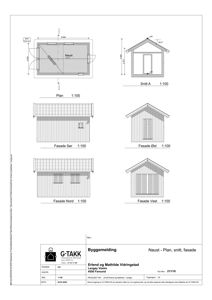 Bildet viser en tegning med etasjeplan (Plan) og fasadetegninger for en bygning. Det er også inkludert et snitt (Snitt A).